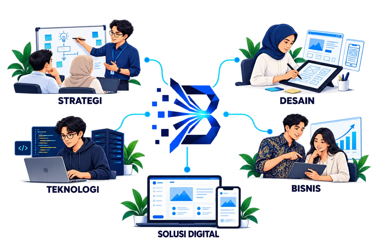 Infografik strategi, desain, teknologi, dan bisnis yang terhubung melalui BRAGAM menuju solusi digital